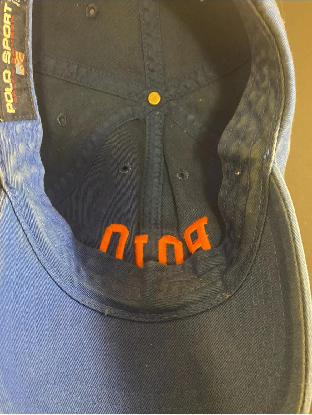 Vintage Polo Ralph Lauren Sport Spellout Hat Blue Orange Strapback Cap 90s